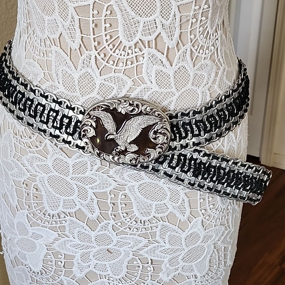 Western-Inspired Black and Silver Eagle Chain Belt